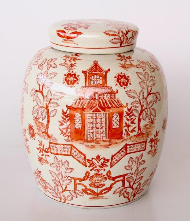 Large Fat Orange Pagoda Jar With Lid